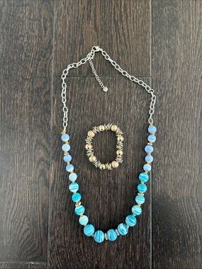 Blue Beaded Necklace and Gold Bracelet Set